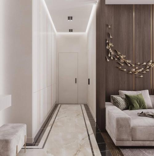 Интерьер кухни - гостиной в стиле неоклассика в светлых тонах. 07