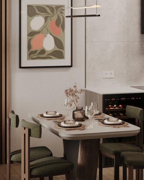 Кухня - гостиная 22, 6 квадратных метров с популярным зеленым акцентом. 04