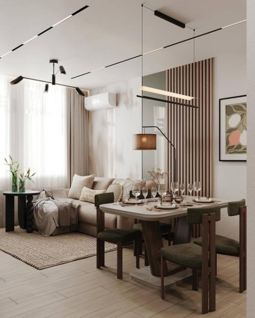 Кухня - гостиная 22, 6 квадратных метров с популярным зеленым акцентом. 01