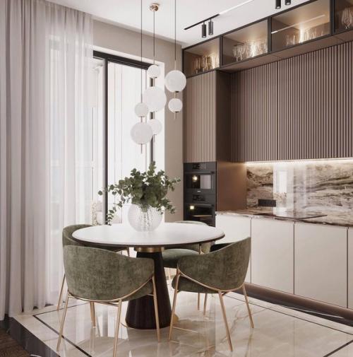 Интерьер кухни - гостиной в стиле неоклассика в светлых тонах. 03