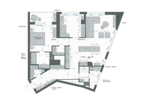 Трешка с необычной планировкой и классными дизайнерскими решениями. 09