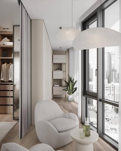 Светлый и лёгкий интерьер спальни и балкона. 06