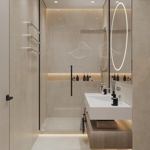 Современный и очень стильный интерьер ванной комнаты в бежевых оттенках. 04