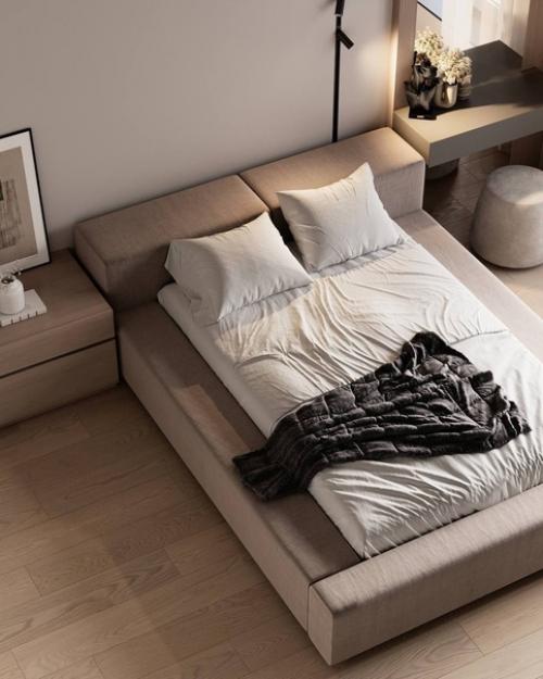 Светлый интерьер спальни в современном стиле в бежевых оттенках. 04