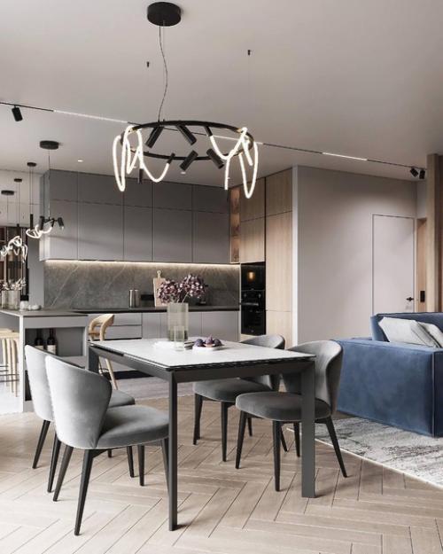 Кухня - гостиная в светлых тонах и с интересными деталями декора. 04