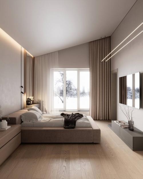 Светлый интерьер спальни в современном стиле в бежевых оттенках. 03