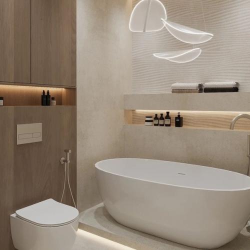 Современный и очень стильный интерьер ванной комнаты в бежевых оттенках. 02