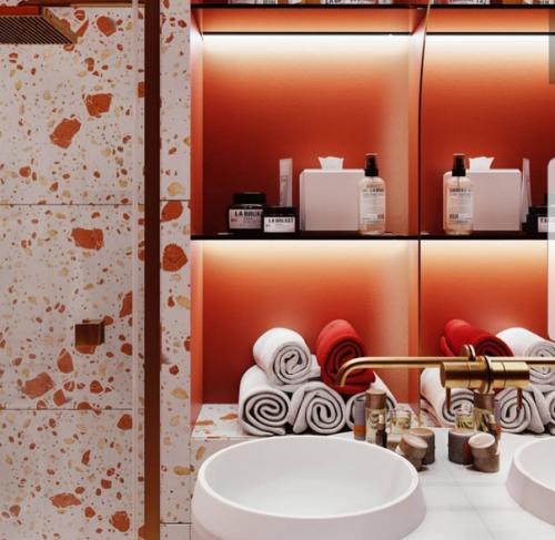 Как вам такой пятнистый красный интерьер ванной комнаты? 03