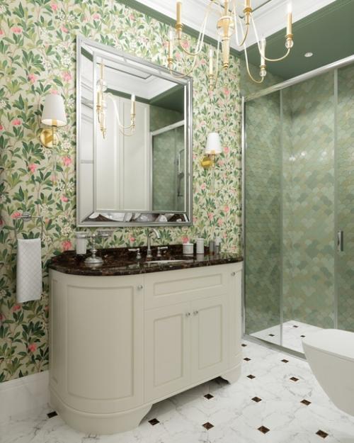 Ванная комната с отделкой стен - обоями. 01