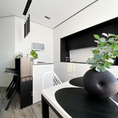 Контрастная черно-белая кухня, площадь 9, 7 кв. 01