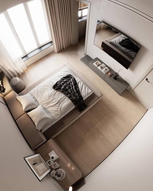 Светлый интерьер спальни в современном стиле в бежевых оттенках. 02