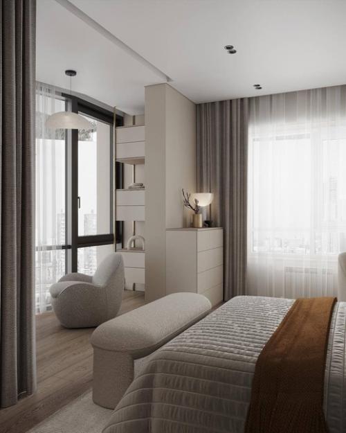 Светлый и лёгкий интерьер спальни и балкона. 03