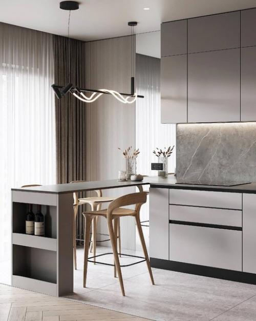 Кухня - гостиная в светлых тонах и с интересными деталями декора. 02