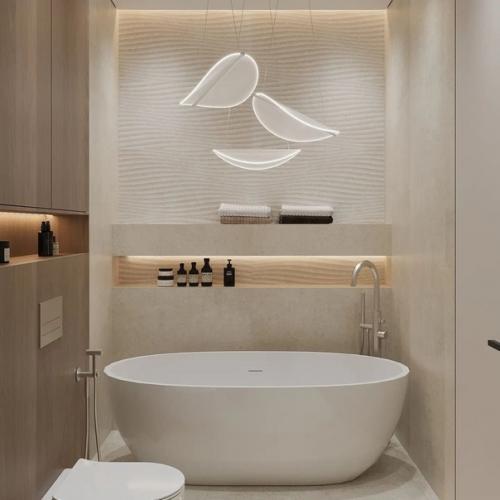 Современный и очень стильный интерьер ванной комнаты в бежевых оттенках. 01