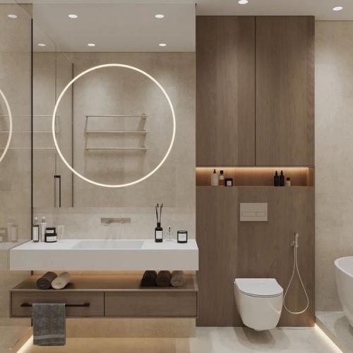 Современный и очень стильный интерьер ванной комнаты в бежевых оттенках. 03