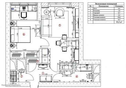 Дизайн двухкомнатной квартиры (55 кв. 09