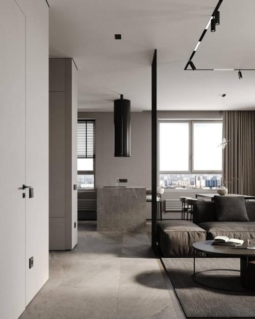 Интерьер кухни - гостиной в современном стиле в светло-бежевых спокойных тонах. 04