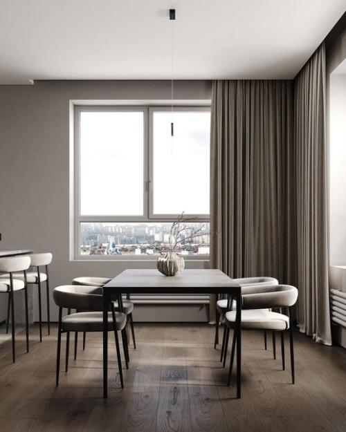 Интерьер кухни - гостиной в современном стиле в светло-бежевых спокойных тонах. 06