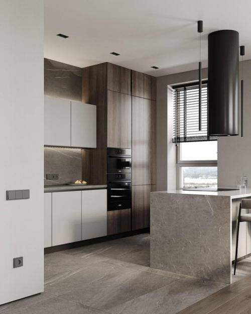 Интерьер кухни - гостиной в современном стиле в светло-бежевых спокойных тонах. 07