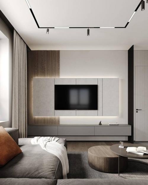 Интерьер кухни - гостиной в современном стиле в светло-бежевых спокойных тонах. 08