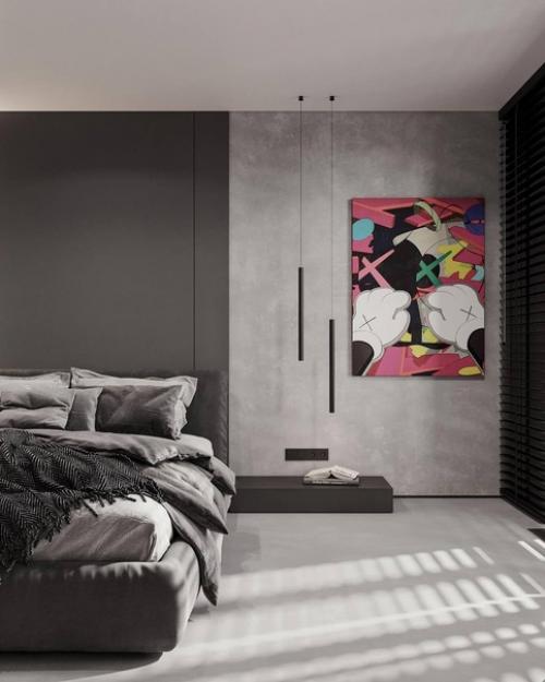 Брутальный интерьер спальни в тёмных тонах и с ярким акцентом на стене. 01