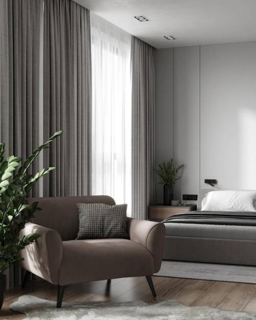 Монохромный интерьер спальни с природным акцентом. 06