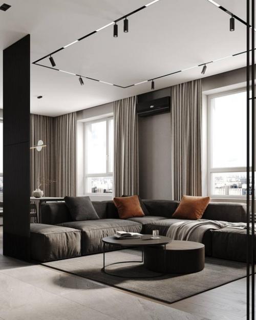 Интерьер кухни - гостиной в современном стиле в светло-бежевых спокойных тонах. 05