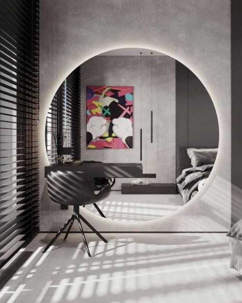 Брутальный интерьер спальни в тёмных тонах и с ярким акцентом на стене. 02