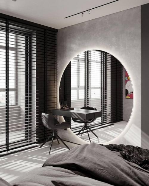 Брутальный интерьер спальни в тёмных тонах и с ярким акцентом на стене. 03