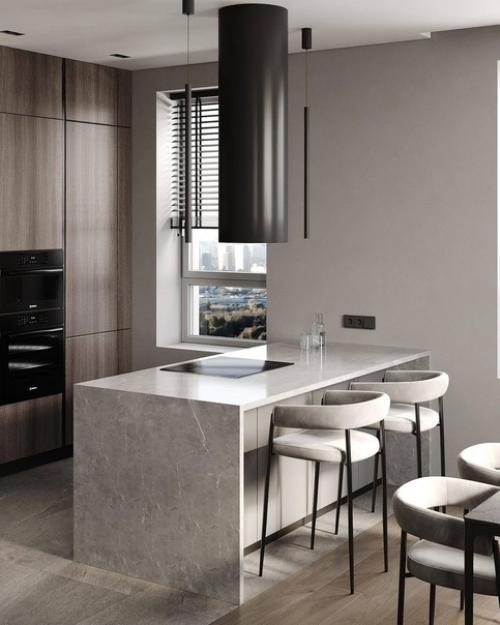 Интерьер кухни - гостиной в современном стиле в светло-бежевых спокойных тонах. 01