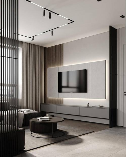 Интерьер кухни - гостиной в современном стиле в светло-бежевых спокойных тонах. 09