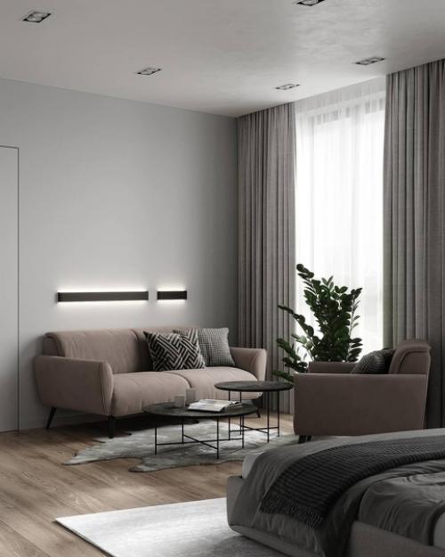 Монохромный интерьер спальни с природным акцентом. 03