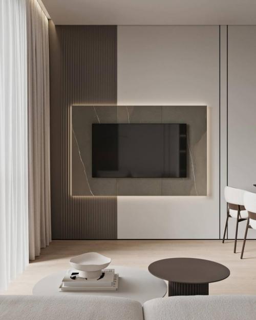 Интерьер кухни - гостиной в стиле минимализм в светлых тонах. 05