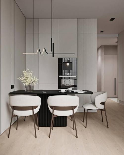 Интерьер кухни - гостиной в стиле минимализм в светлых тонах. 04