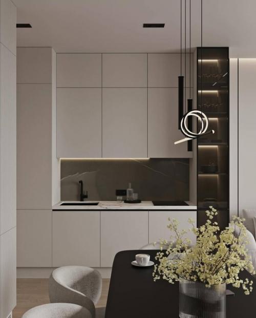 Интерьер кухни - гостиной в стиле минимализм в светлых тонах. 02