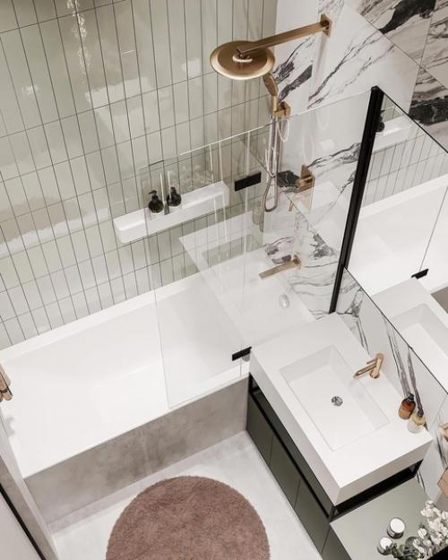 Активный контрастный мрамор, нежный оливковый и щепотка латуни - 3 ключевых составляющих в невероятно крутой ванной от студии Neapol Design. 03