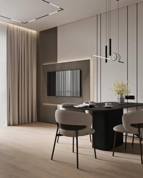 Интерьер кухни - гостиной в стиле минимализм в светлых тонах. 03