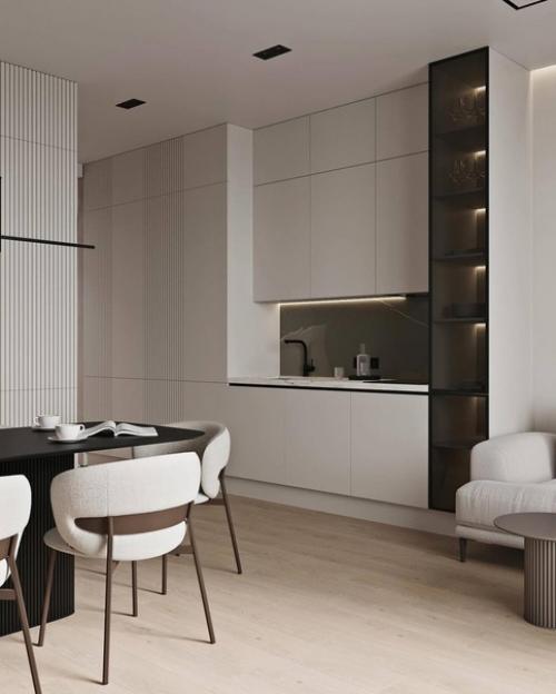 Интерьер кухни - гостиной в стиле минимализм в светлых тонах. 01