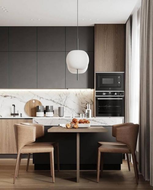 Современный интерьер кухни - гостиной в теплых тонах. 02