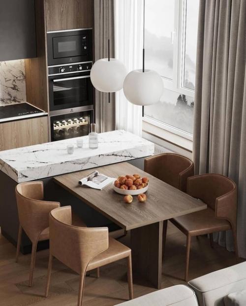 Современный интерьер кухни - гостиной в теплых тонах. 03