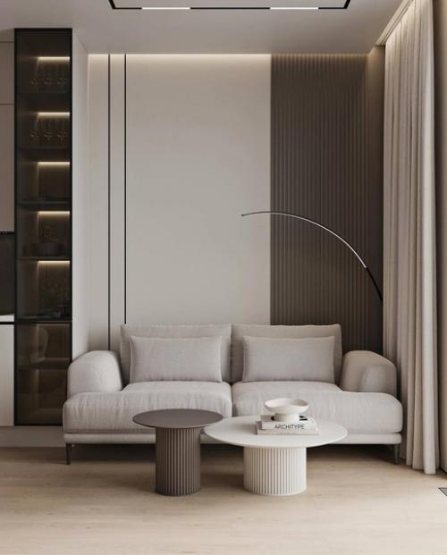 Интерьер кухни - гостиной в стиле минимализм в светлых тонах. 06