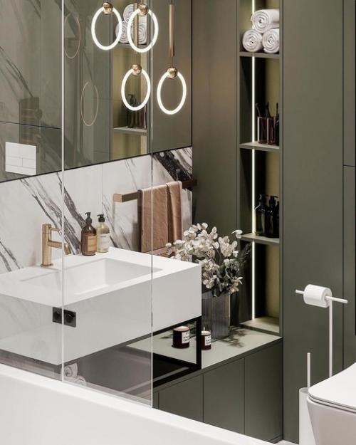 Активный контрастный мрамор, нежный оливковый и щепотка латуни - 3 ключевых составляющих в невероятно крутой ванной от студии Neapol Design. 02