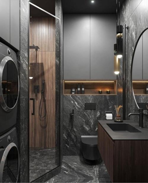 Тёмный и стильный интерьер ванной комнаты. 02