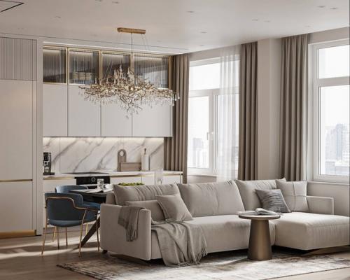 Элегантный интерьер прихожей переходящей в кухню - гостиную - 42, 8 m. 02