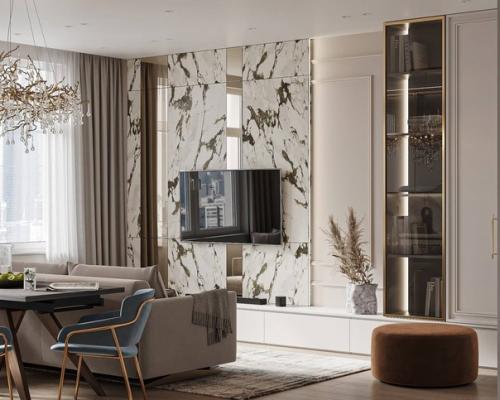 Элегантный интерьер прихожей переходящей в кухню - гостиную - 42, 8 m. 04