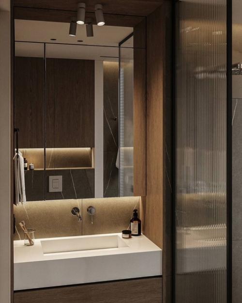 Атмосферная ванная комната в загородном доме в тёплых тонах. 04