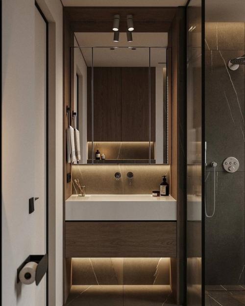 Атмосферная ванная комната в загородном доме в тёплых тонах. 02