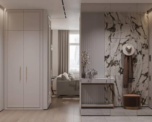 Элегантный интерьер прихожей переходящей в кухню - гостиную - 42, 8 m. 07