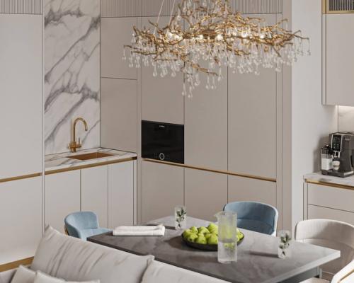 Элегантный интерьер прихожей переходящей в кухню - гостиную - 42, 8 m. 05