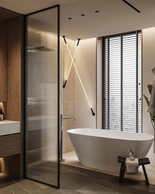 Атмосферная ванная комната в загородном доме в тёплых тонах. 03